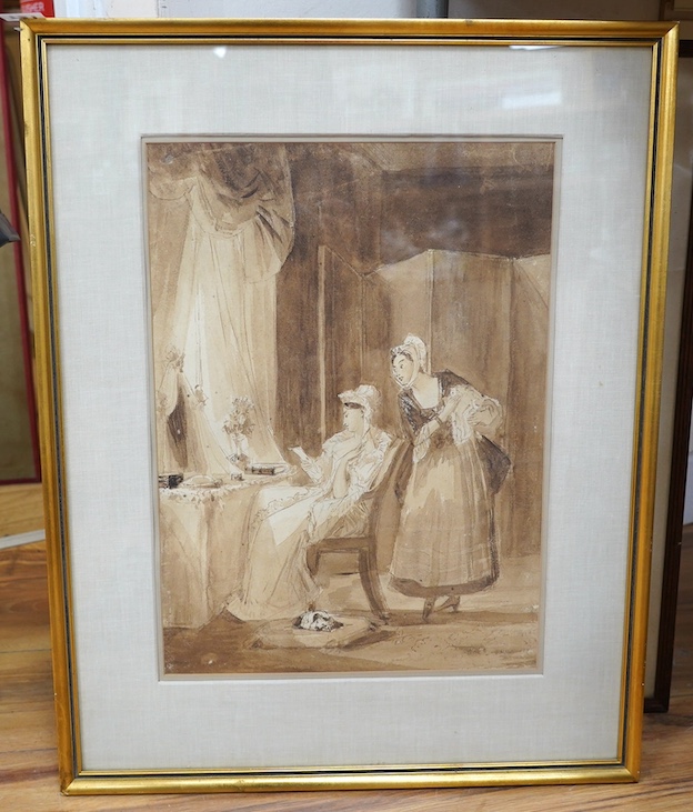 C. Leslie, sepia watercolour, 'The love letter', 42 x 30cm. Condition - good